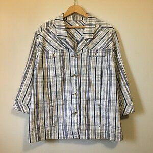 Plaid Seersucker White, Blue, Black and Metallic Silver Button Down Shirt